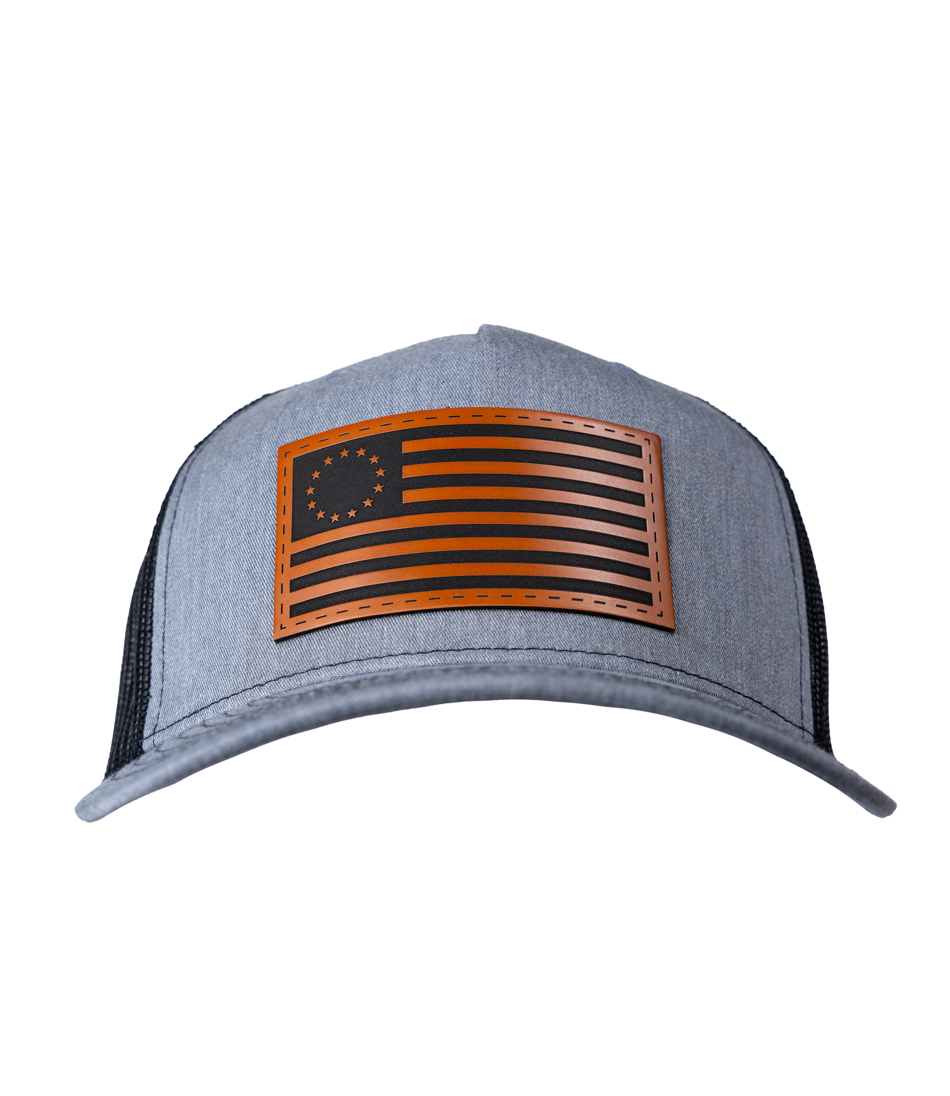 The Alex Jones Store - Heather grey American Flag leather patch trucker hat with Betsy Ross 13-star flag patch and black mesh back