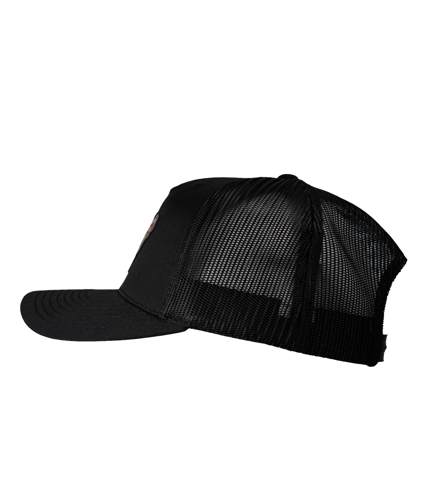 The Alex Jones Store - Left side view of all-black Deus Vult Patriot's Crest trucker hat with black mesh back and pre-curved visor