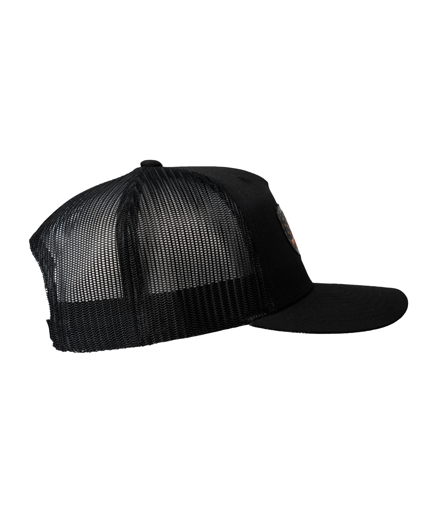 The Alex Jones Store - Right side view of black Deus Vult Patriot's Crest trucker hat showing black mesh back and USA flag-cross patch