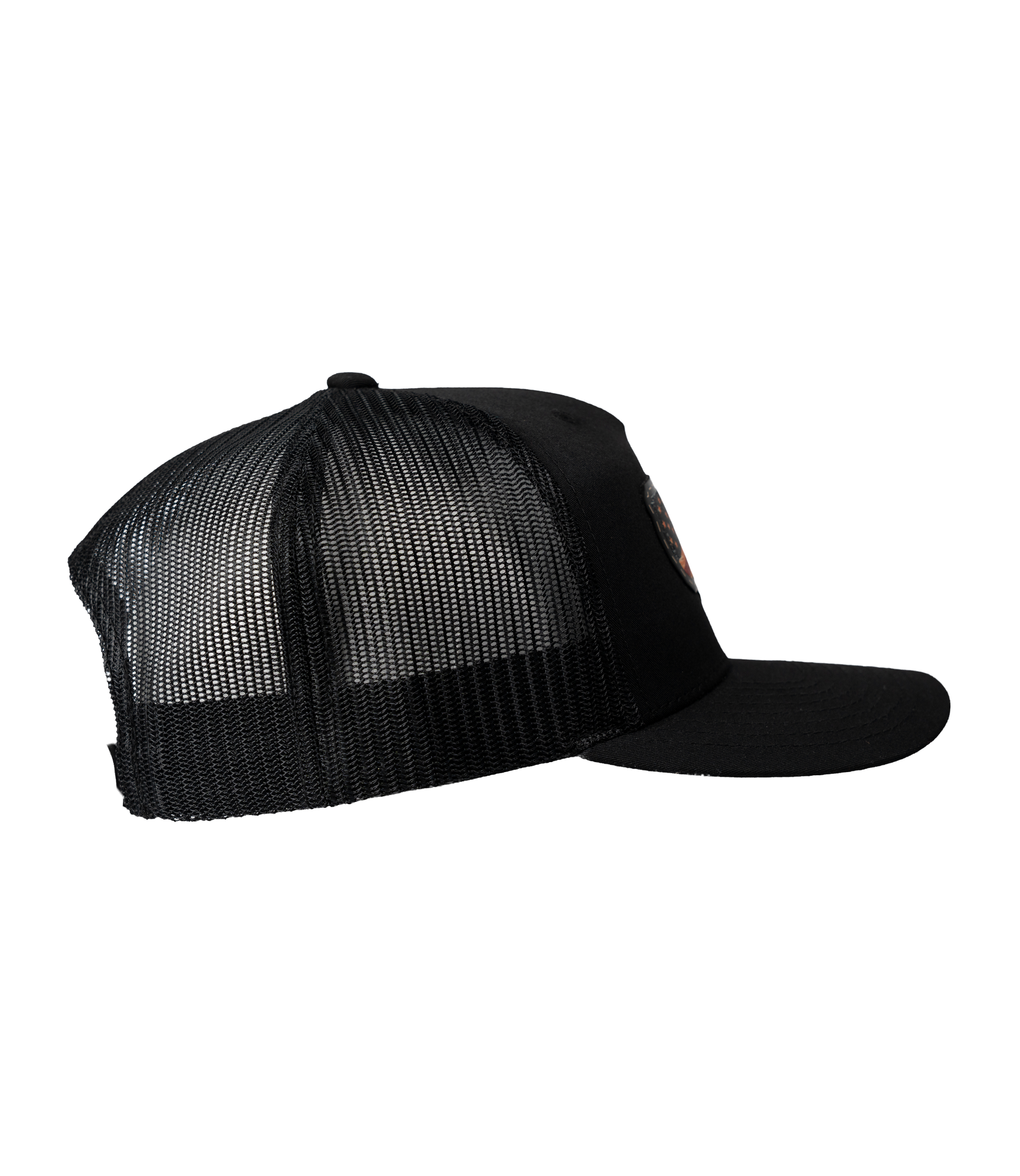 The Alex Jones Store - Right side view of black Deus Vult Patriot's Crest trucker hat showing black mesh back and USA flag-cross patch