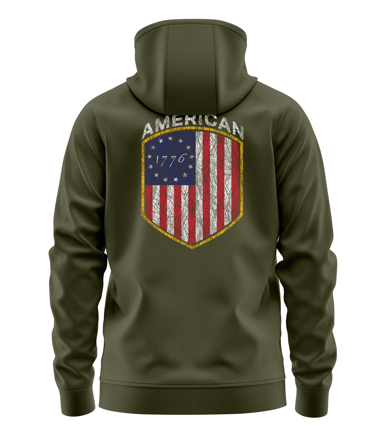 The Alex Jones Store - Olive green American 1776 hoodie back view with Betsy Ross flag shield graphic and 'American 1776' banner