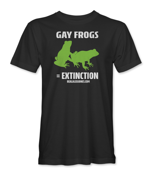 Black shirt with the image two green frogs. Text saying Gay Frogs = Extinction