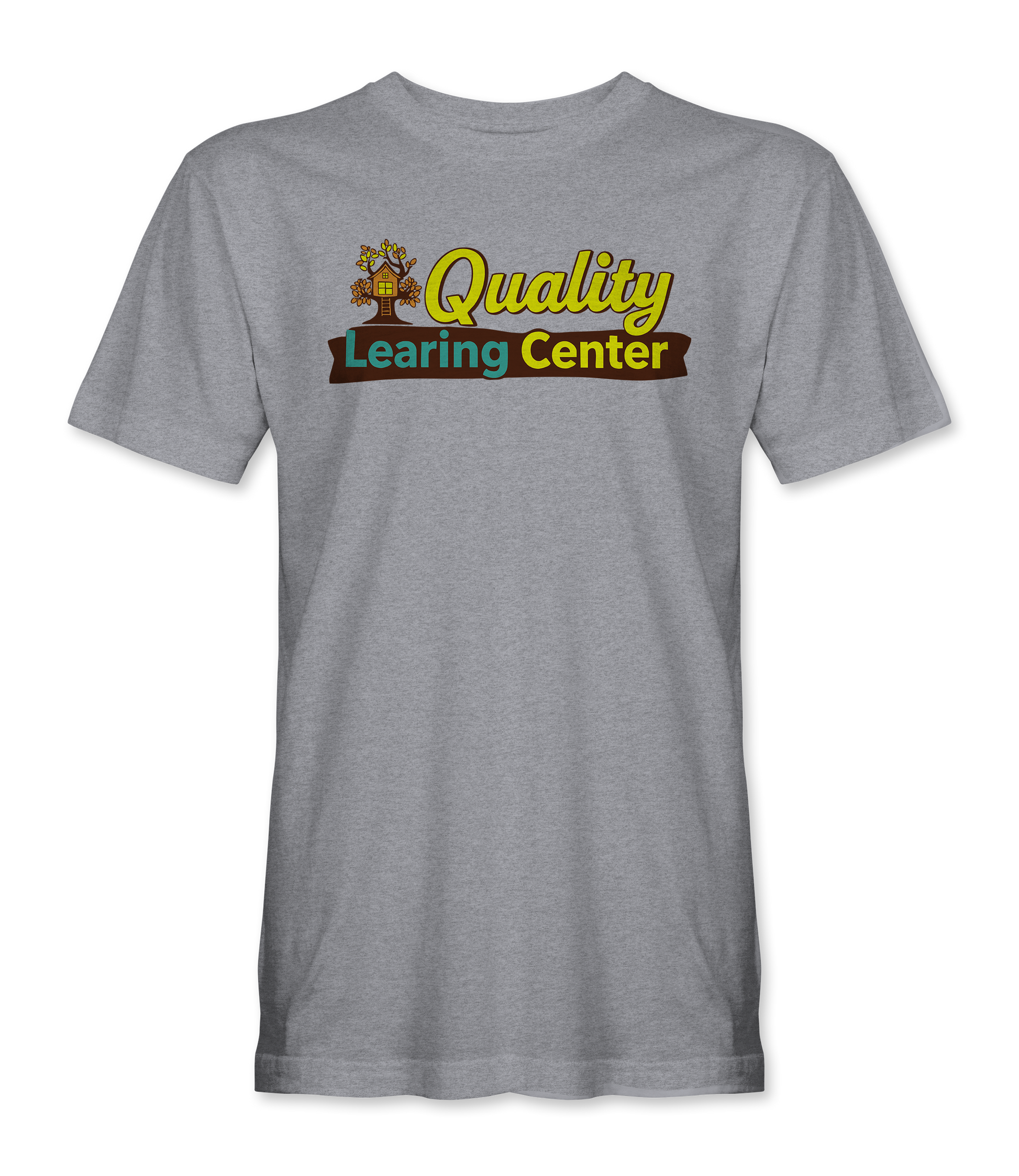 The Alex Jones Store - Heather grey Quality Learing Center t-shirt with retro PBS-style logo featuring treehouse and colorful text design