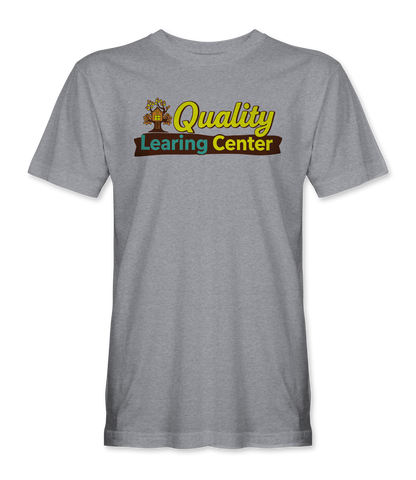 The Alex Jones Store - Heather grey Quality Learing Center t-shirt with retro PBS-style logo featuring treehouse and colorful text design