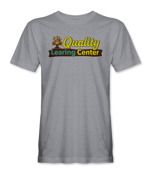 The Alex Jones Store - Heather grey Quality Learing Center t-shirt with retro PBS-style logo featuring treehouse and colorful text design
