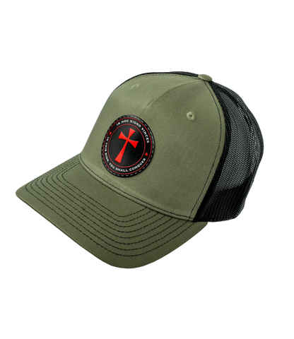 The Alex Jones Store - Three-quarter view of olive green You Shall Conquer leather patch hat with black mesh back panels