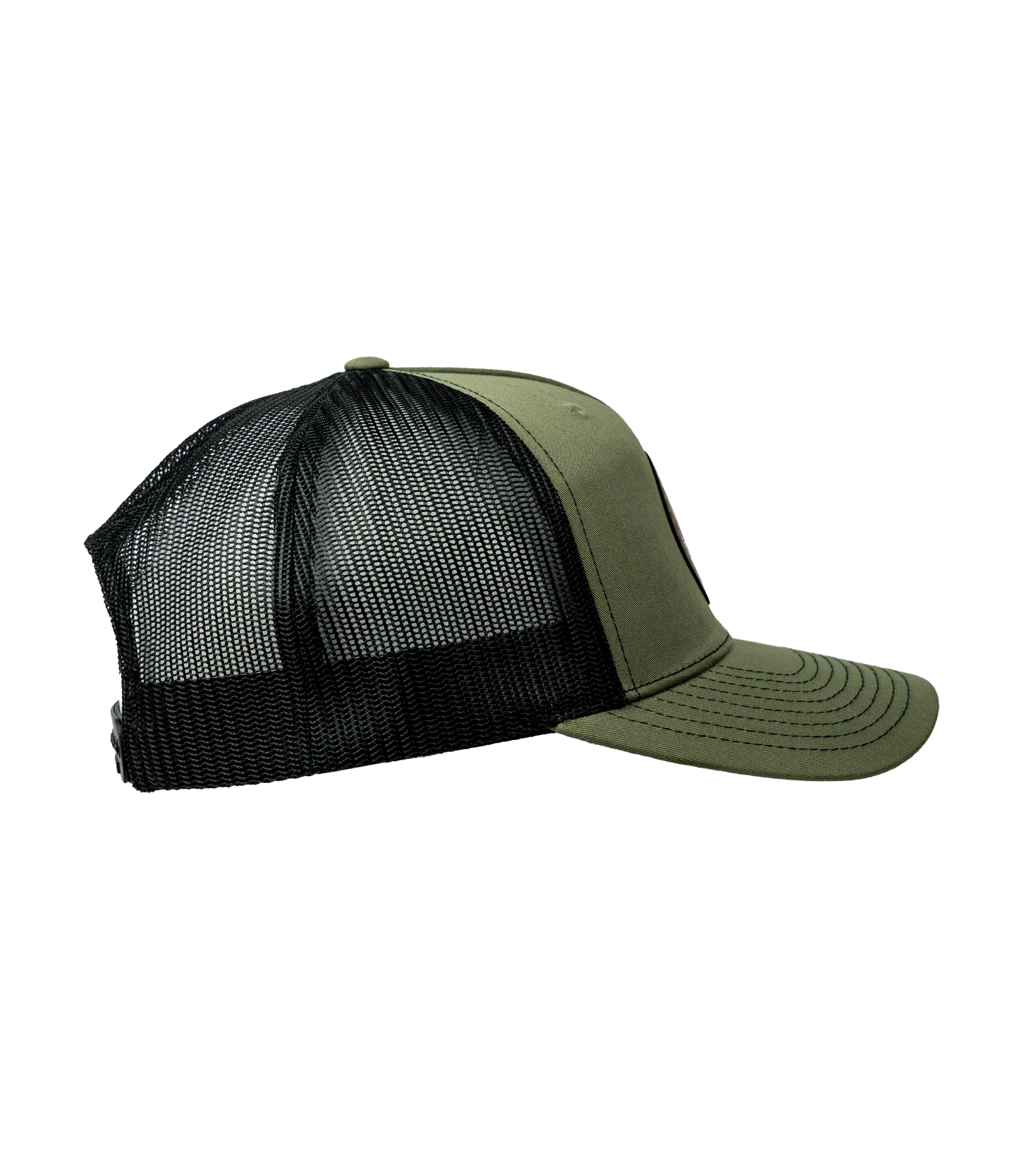 The Alex Jones Store - "You Shall Conquer" Leather Patch Hat — Right side view of olive green mesh-back trucker hat showing structured crown and stitched curved brim