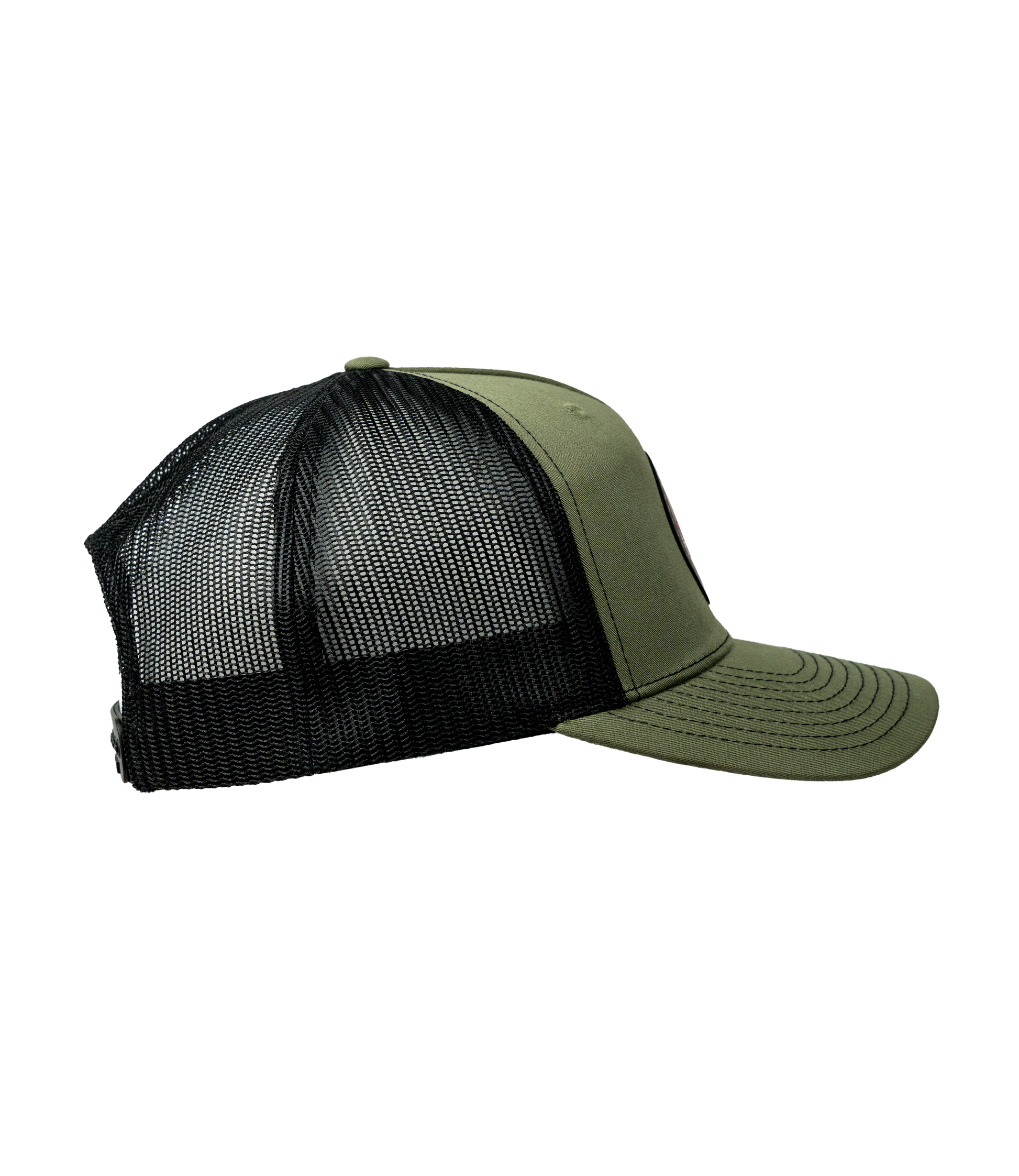 The Alex Jones Store - "You Shall Conquer" Leather Patch Hat — Right side view of olive green mesh-back trucker hat showing structured crown and stitched curved brim