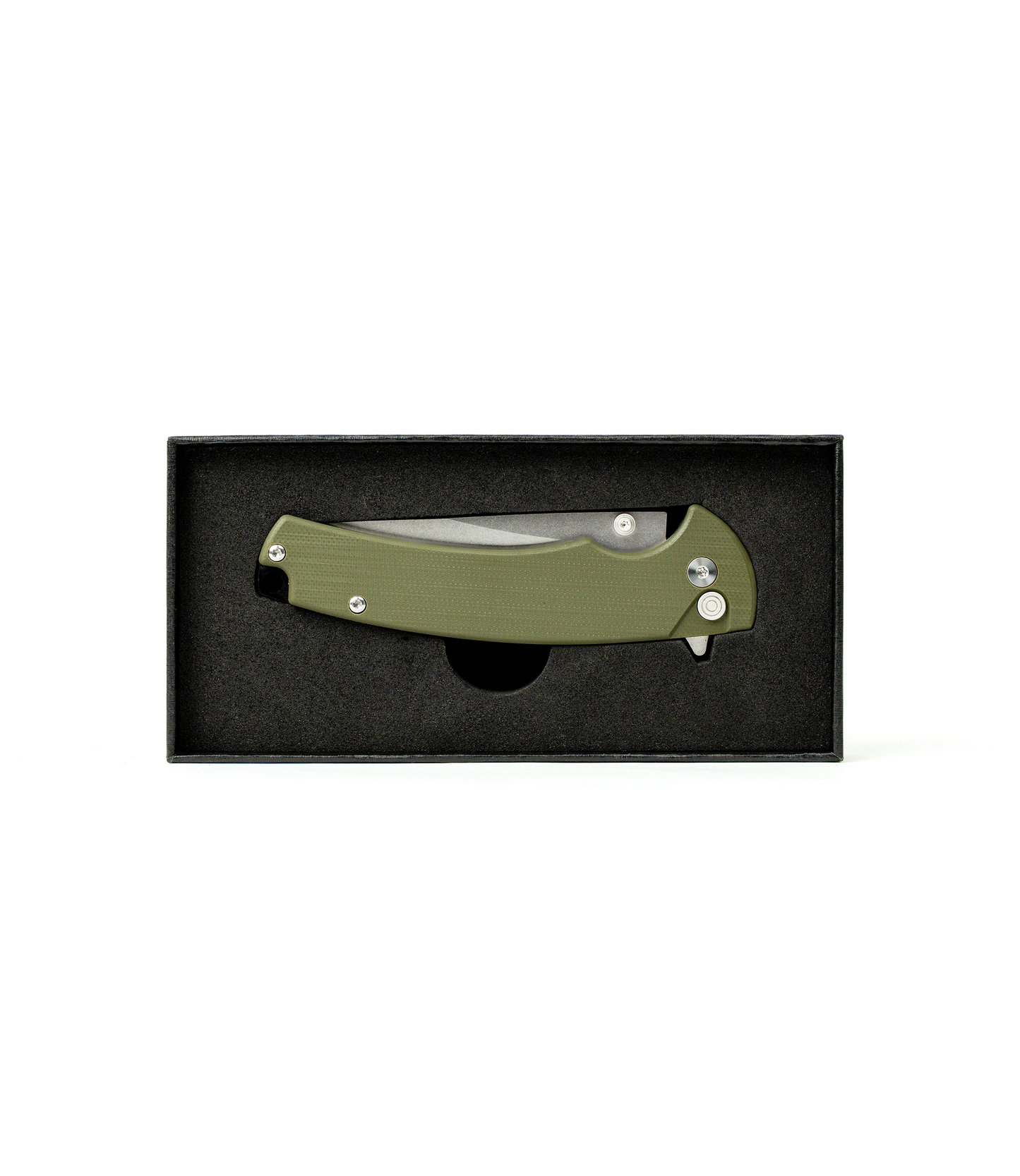 The Alex Jones Store - Alex Jones Quick Release folding blade in OD green displayed inside black foam-lined gift box, retail-ready packaging