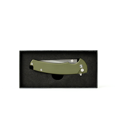 The Alex Jones Store - Alex Jones Quick Release folding blade in OD green displayed inside black foam-lined gift box, retail-ready packaging