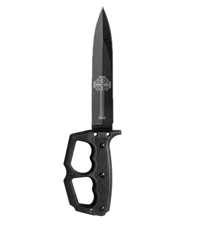 The Alex Jones Store - Black Ave Christus Rex Trench War Dagger with knuckle-guard handle and Jerusalem cross etched on the blade
