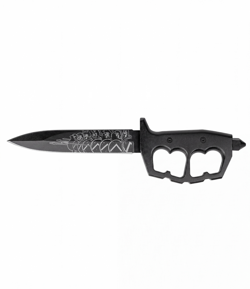 The Alex Jones Store - Molon Labe Trench War Dagger with black trench-knuckle handle and laser-etched Spartan helmets along stone-washed blade