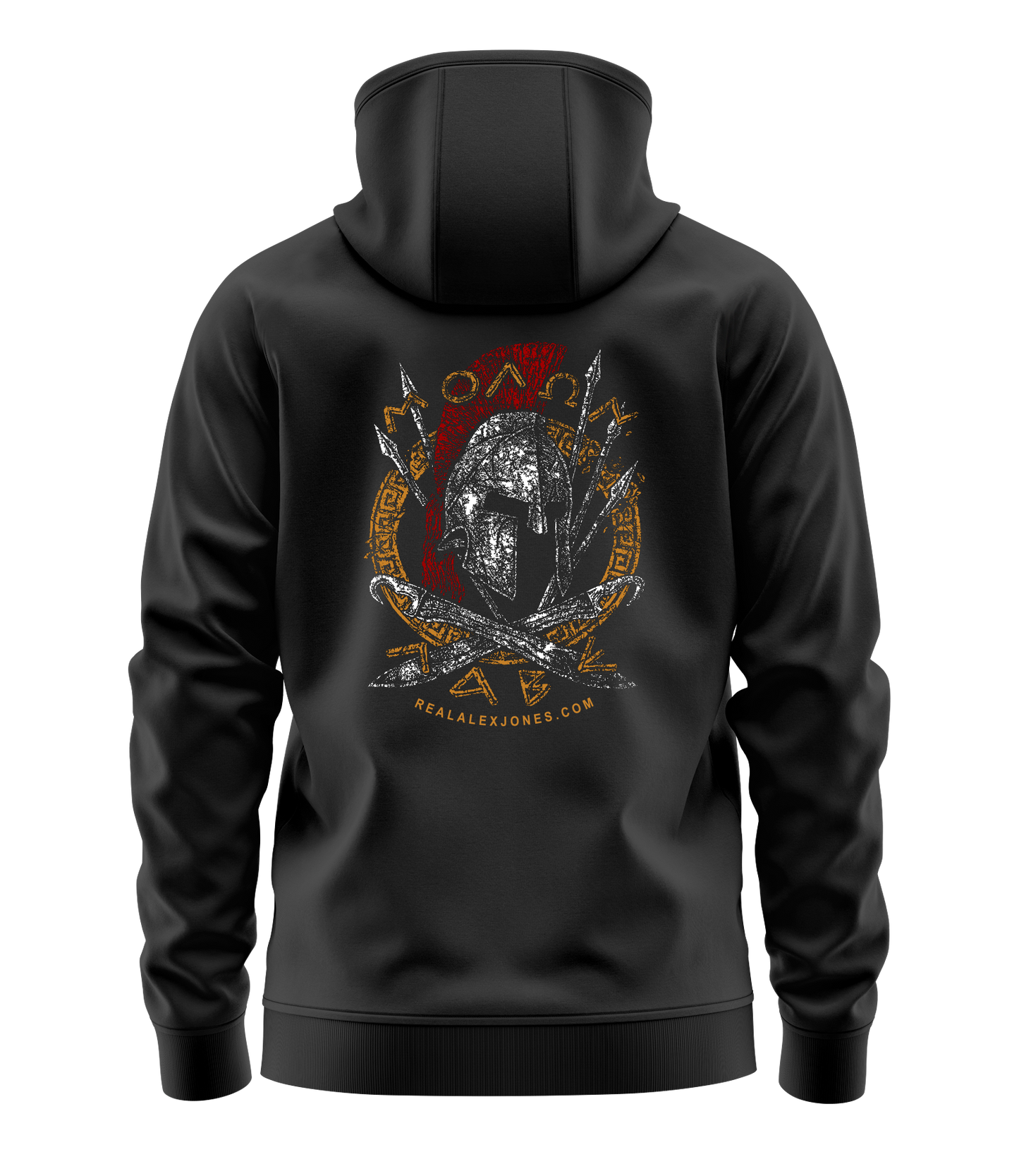 The Alex Jones Store - Black Molon Labe hoodie back view with Spartan helmet, crossed spears and Greek key border graphic from realalexjones.com