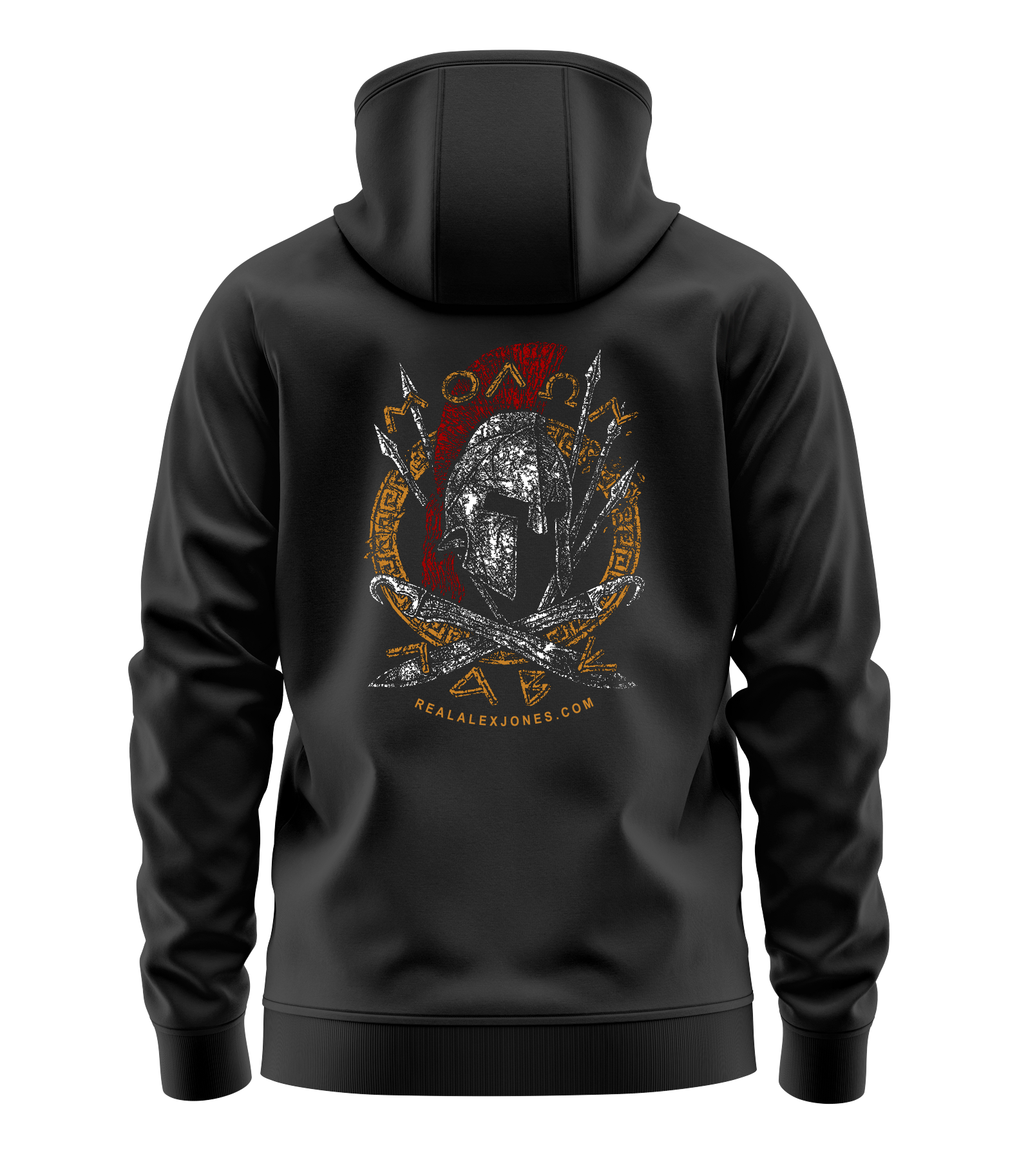 The Alex Jones Store - Black Molon Labe hoodie back view with Spartan helmet, crossed spears and Greek key border graphic from realalexjones.com