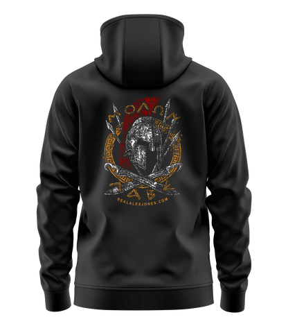 The Alex Jones Store - Black Molon Labe hoodie back view with Spartan helmet, crossed spears and Greek key border graphic from realalexjones.com