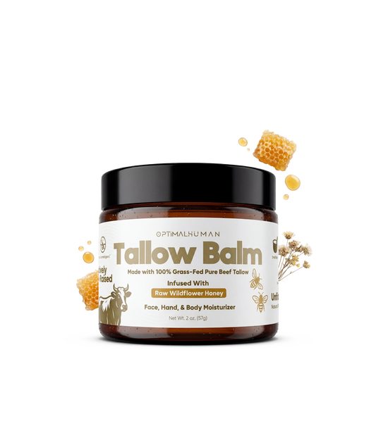 Alex Jones Naturals - Amber glass jar of Optimal Human Tallow Balm with grass-fed beef tallow and raw wildflower honey, 2 oz