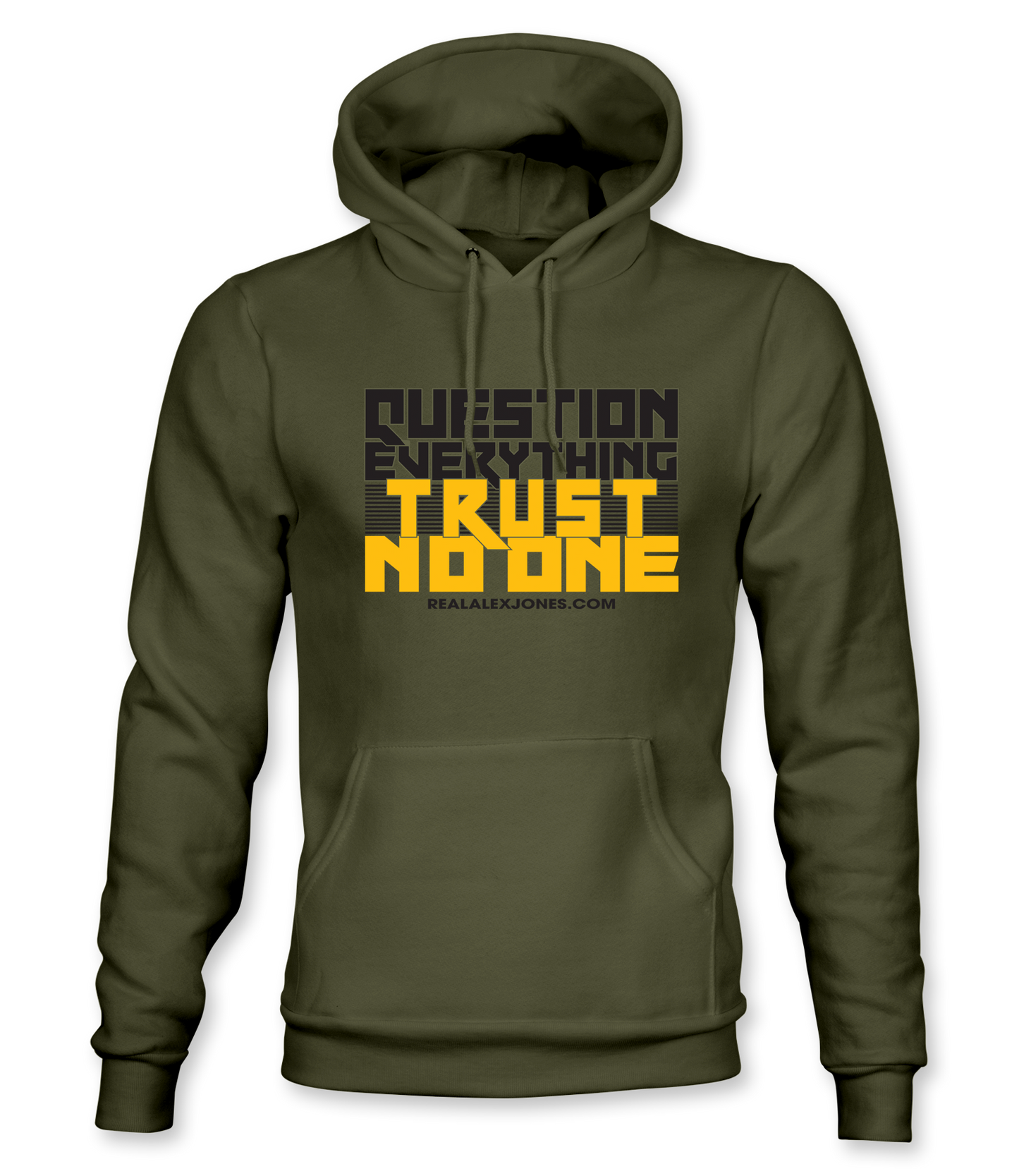The Alex Jones Store - Olive green Question Everything Trust No One hoodie with bold yellow and dark gray slogan graphic on front