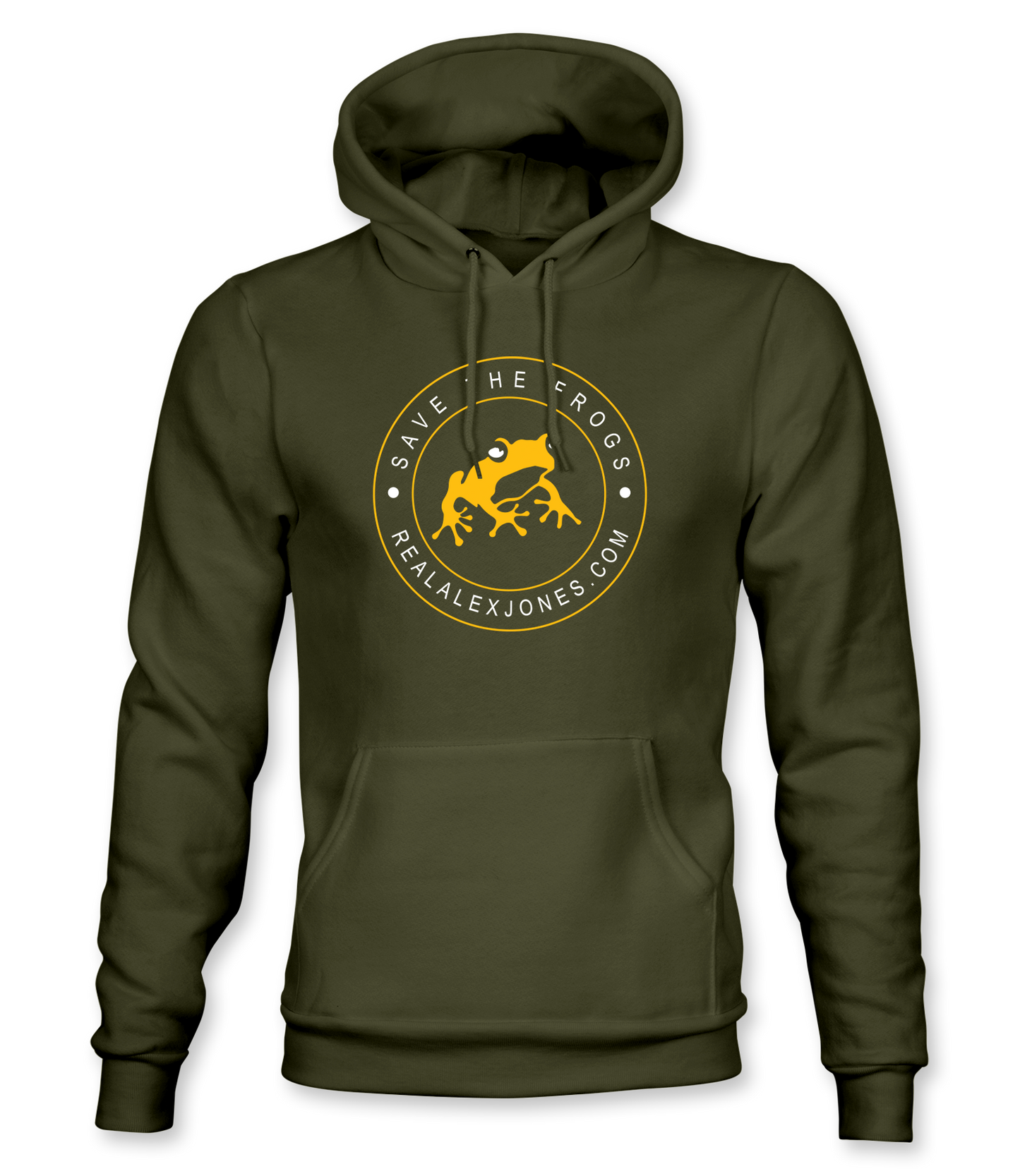 The Alex Jones Store - Olive green hoodie with yellow circular 'Save The Frogs RealAlexJones.com' frog crest logo on chest