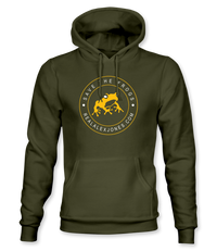 The Alex Jones Store - Olive green hoodie with yellow circular 'Save The Frogs RealAlexJones.com' frog crest logo on chest