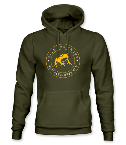 The Alex Jones Store - Olive green hoodie with yellow circular 'Save The Frogs RealAlexJones.com' frog crest logo on chest