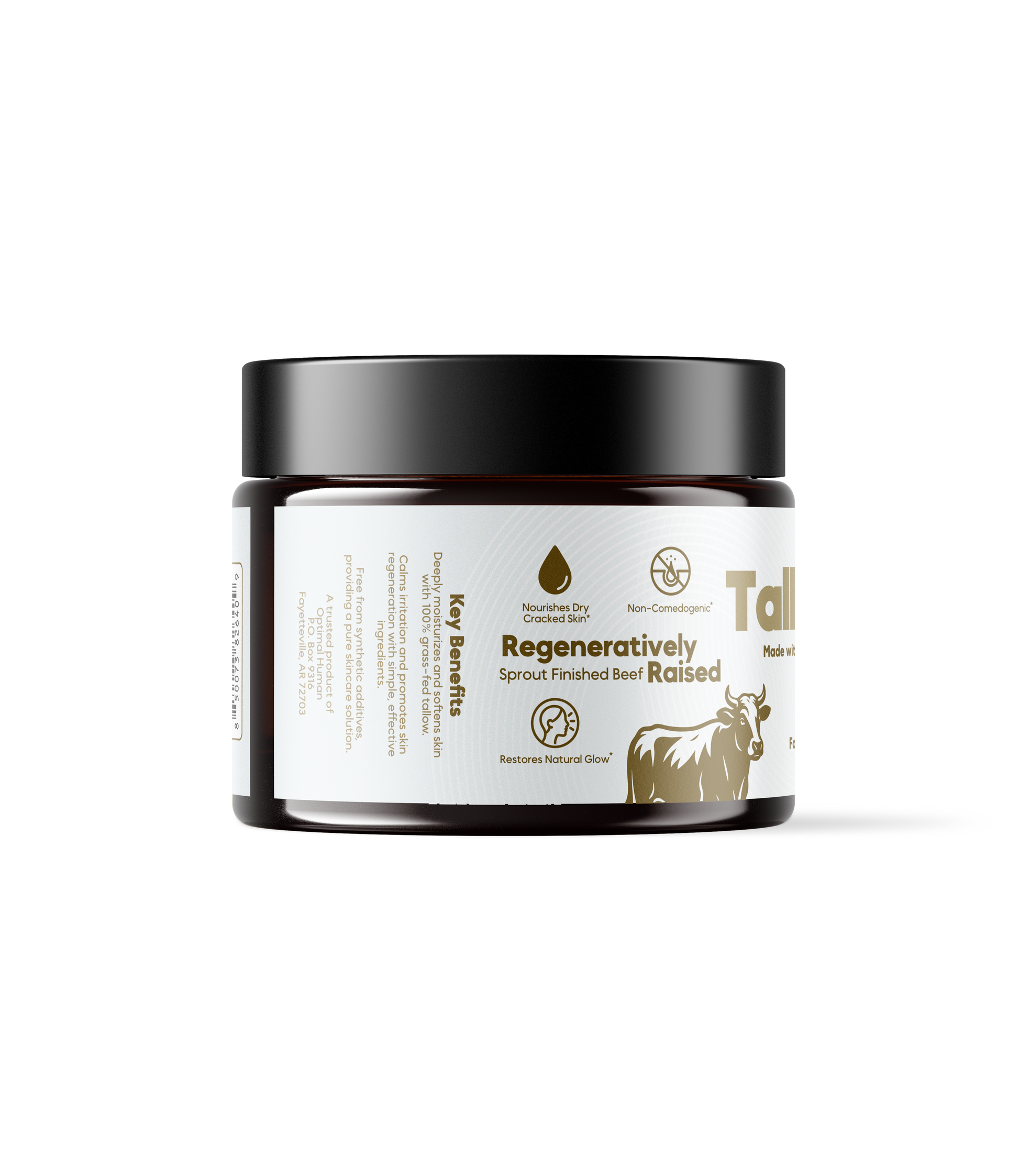 Alex Jones Naturals - Optimal Human - Grass-Fed Tallow Balm With Raw Honey (2 oz) — Optimal Human Tallow Balm jar showing regeneratively raised sprout-finished beef key benefits panel