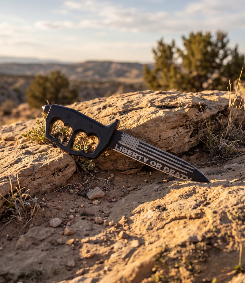The Alex Jones Store - Liberty or Death Trench War Dagger leaning on desert rock at golden hour, American flag and slogan etched on blade