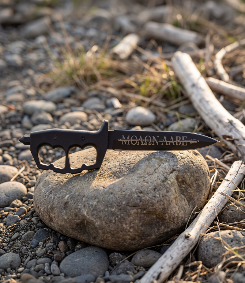 The Alex Jones Store - Lifestyle shot of Molon Labe Trench War Dagger resting on river stones with 'Molon Labe' engraved blade visible
