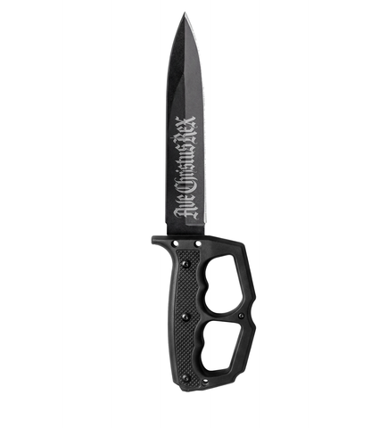 The Alex Jones Store - Ave Christus Rex Trench War Dagger reverse side with "Ave Christus Rex" etched in Gothic script on the blade