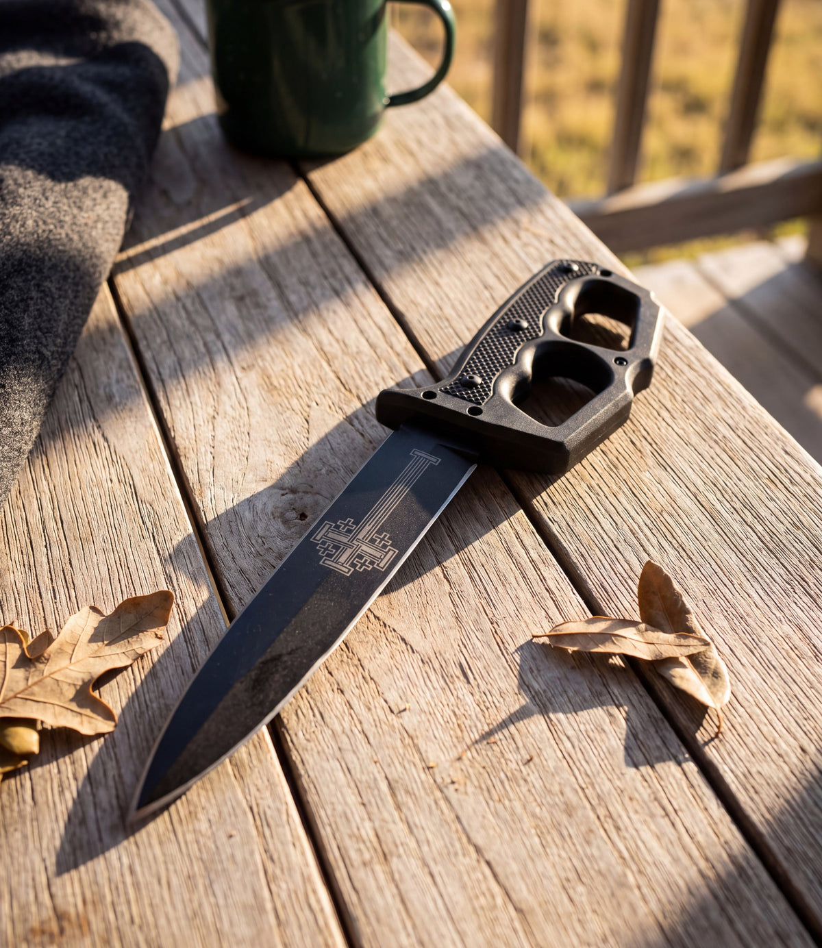The Alex Jones Store - Ave Christus Rex Trench War Dagger lying on a weathered oak porch table at golden hour