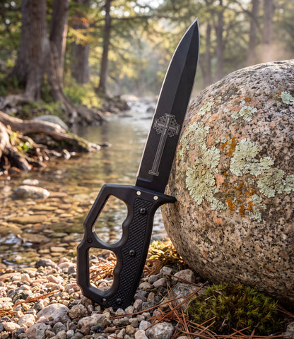The Alex Jones Store - Ave Christus Rex Trench War Dagger leaning against a granite boulder beside a Hill Country creek