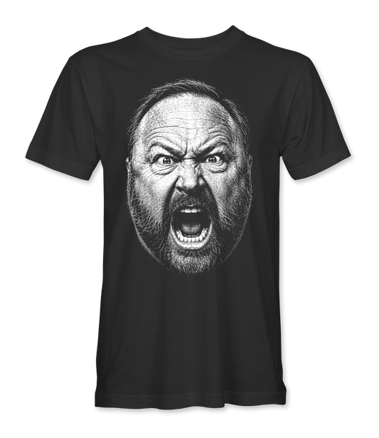 The Alex Jones Store - Front of black Alex Jones Battle Cry t-shirt with large hand-drawn stipple portrait of Alex Jones mid-shout