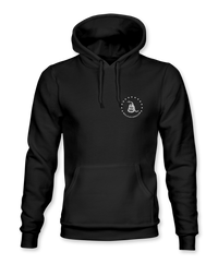 The Alex Jones Store - Don't Tread On Me Hoodie — Black pullover hoodie front view with small white Gadsden snake circle logo on left chest, kangaroo pocket