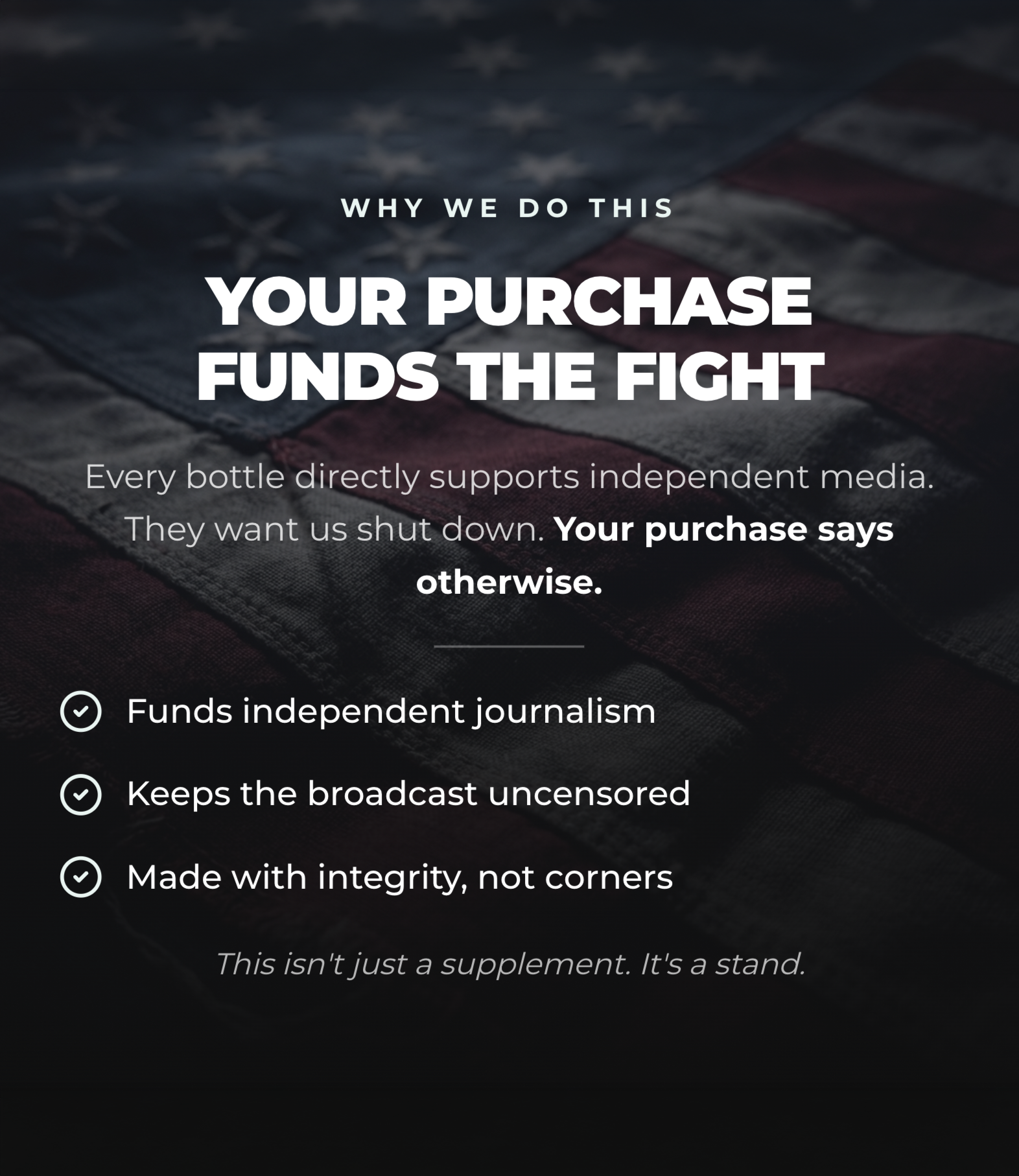The Alex Jones Store - America 250 Flying Eagle T-Shirt — Patriotic graphic reading 'Your Purchase Funds The Fight' on dark American flag background for independent media support