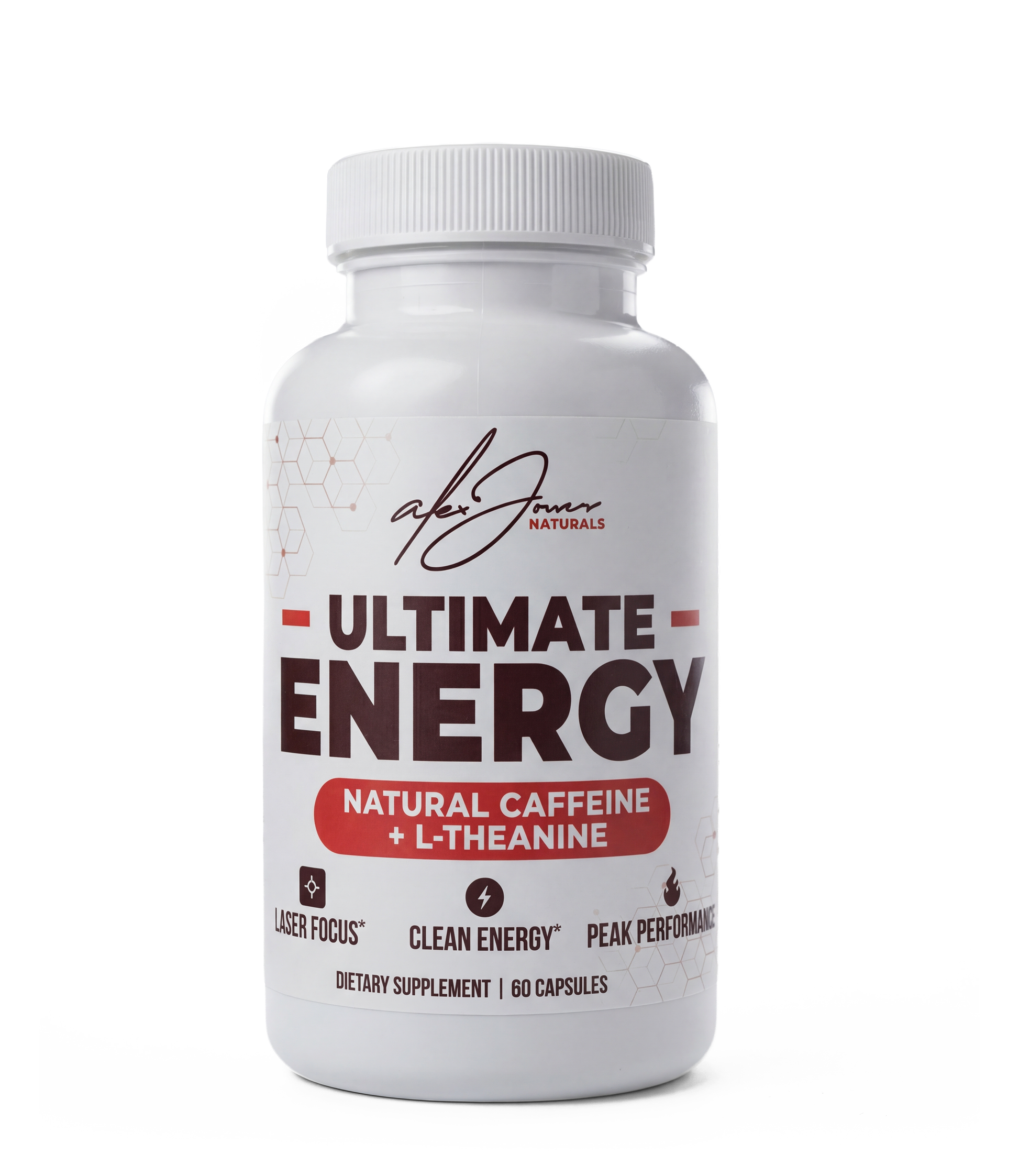 Alex Jones Naturals - White Ultimate Energy supplement bottle with natural caffeine and L-Theanine, 60 capsules for laser focus and clean energy
