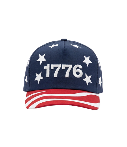 The Alex Jones Store - Front of navy 1776 Flag Bill hat with raised white embroidered 1776, ring of white stars and red and white striped flag bill