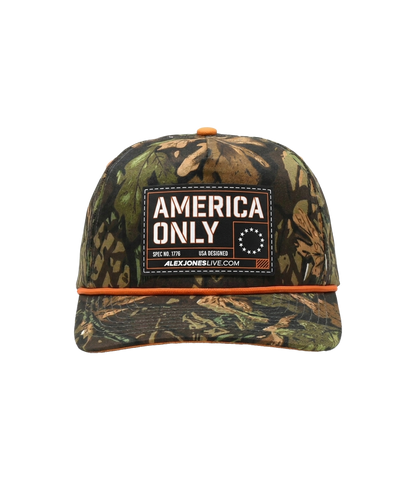 The Alex Jones Store - Front of forest camo America Only hat with blacked-out patch, blaze orange rope and orange button