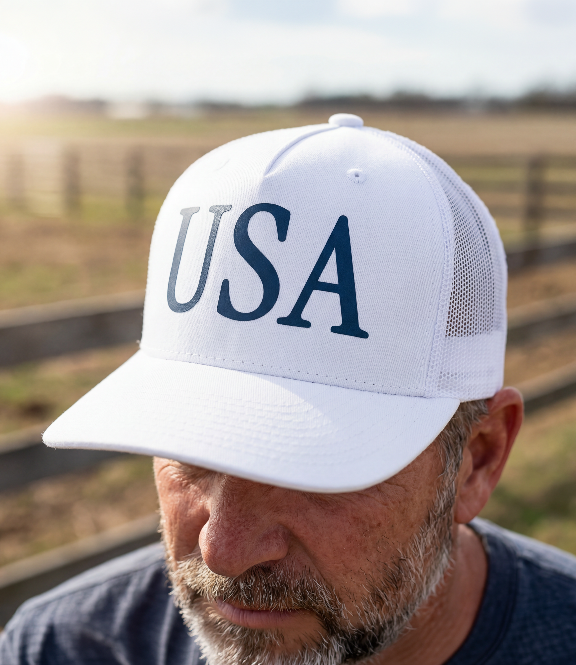 The Alex Jones Store - Bearded man in white 'USA' Premium Trucker Hat with navy serif USA print, side view at wooden fence in countryside