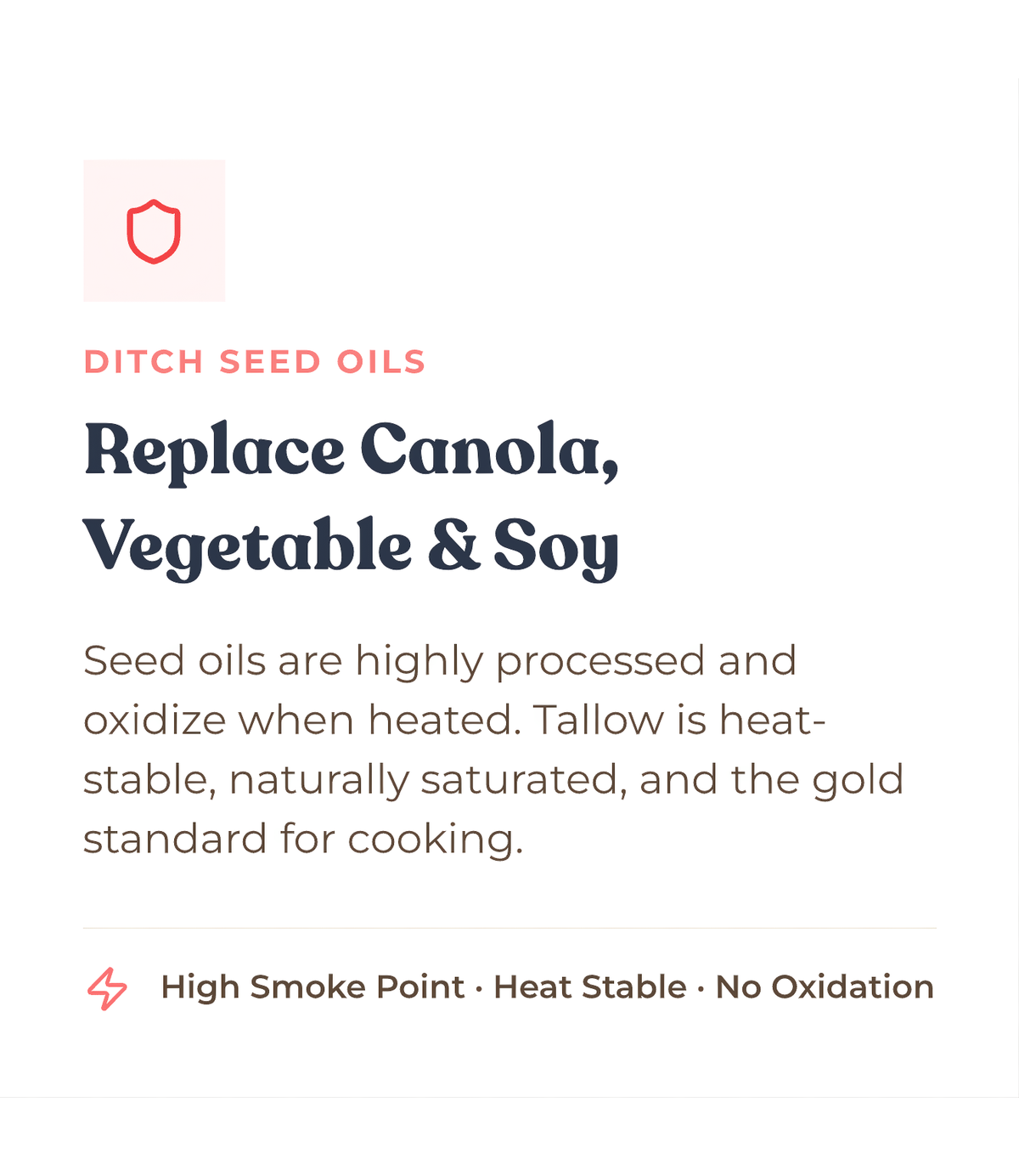 Alex Jones Naturals - Pure Grass-Fed Beef Tallow — Beef Tallow infographic 'Ditch Seed Oils' replacing canola, vegetable, soy with high smoke point heat stable fat