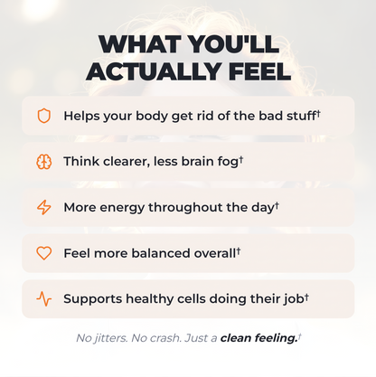 Alex Jones Naturals - Zeolite Detox & Defense - Advanced Binding Agent (60 Servings) — Zeolite Detox & Defense benefits graphic listing toxin removal, less brain fog, more energy, balance and healthy cell support