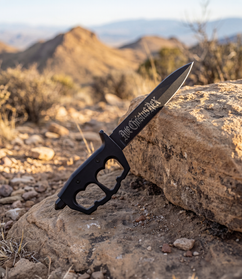 The Alex Jones Store - Black Ave Christus Rex Trench War Dagger with 'Ave Christus Rex' Gothic etched blade resting on a desert mountain rock