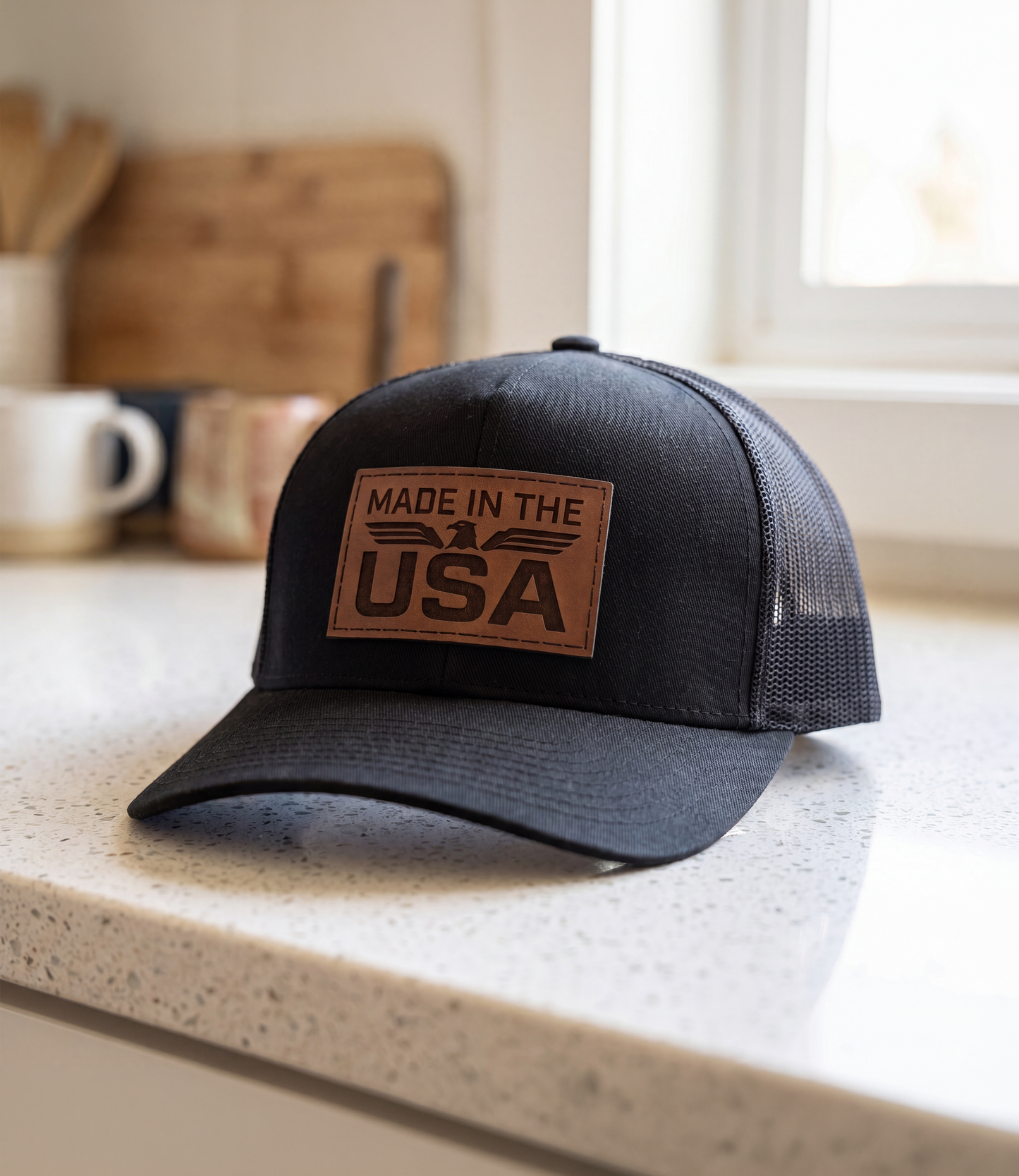 Made In The USA Eagle Leather Patch Trucker Hat