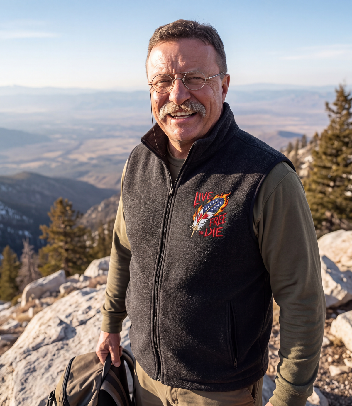 Live Free Or Die Full-Zip Fleece Vest in black, worn on a mountain overlook