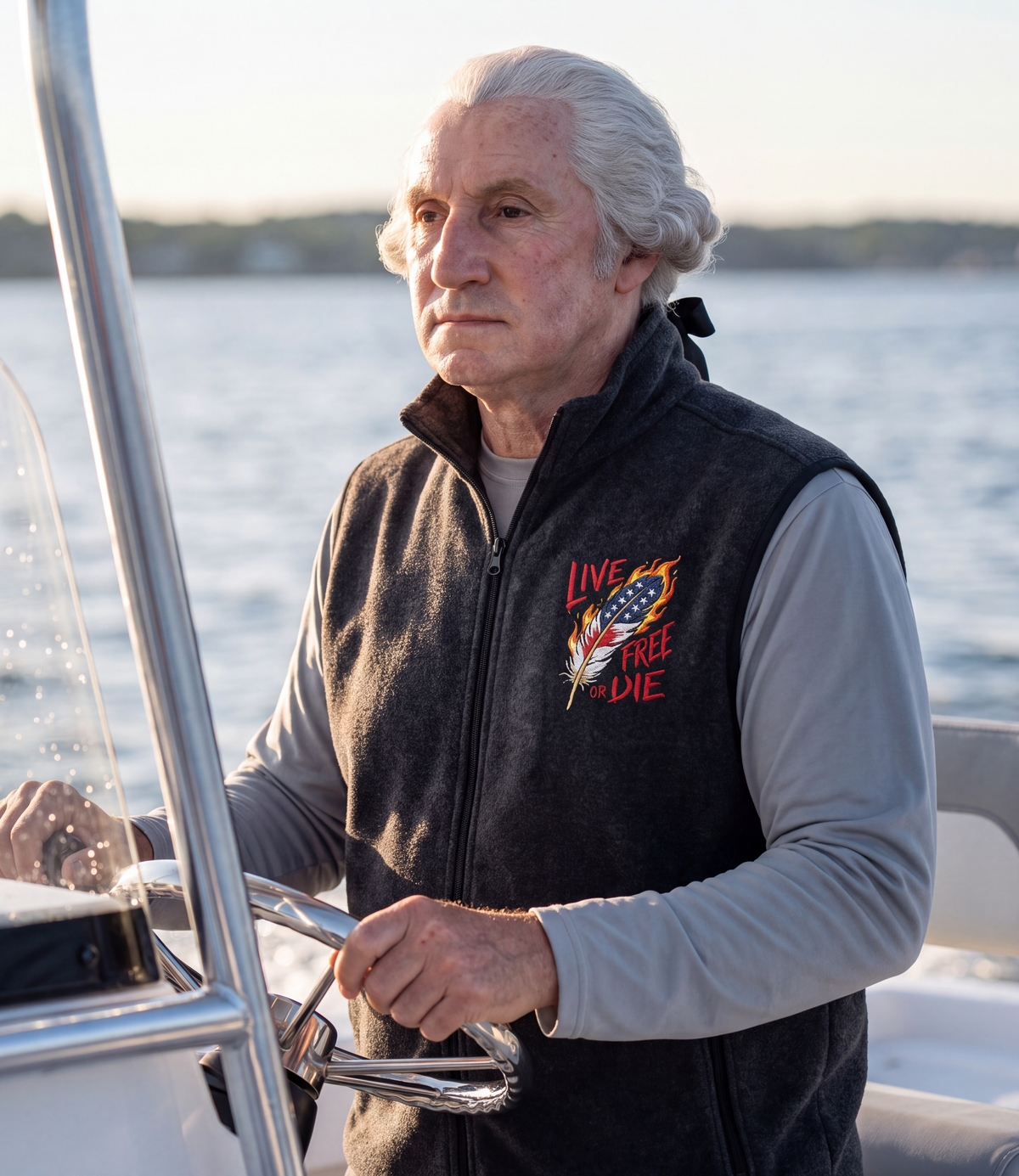Live Free Or Die Full-Zip Fleece Vest in black, worn at the helm on the water
