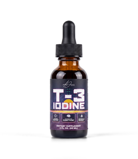 Alex Jones Naturals - Amber glass dropper bottle of T-3 Trifecta Iodine tincture with thyroid detox, cognitive function and metabolic boost icons, 2 fl oz