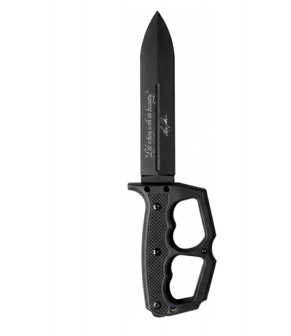 The Alex Jones Store - Life Is Fiery With It's Beauty Trench War Dagger reverse side with the script quote "Life is fiery with its beauty" and signature etched on the blade