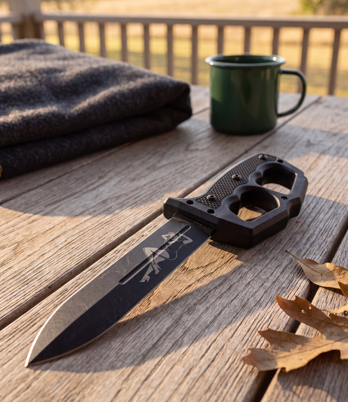 The Alex Jones Store - Life Is Fiery With It's Beauty Trench War Dagger lying on a weathered oak porch table at golden hour