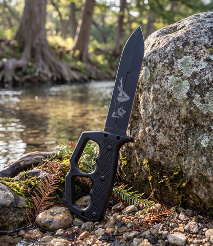 The Alex Jones Store - Life Is Fiery With It's Beauty Trench War Dagger leaning against a granite boulder beside a Hill Country creek