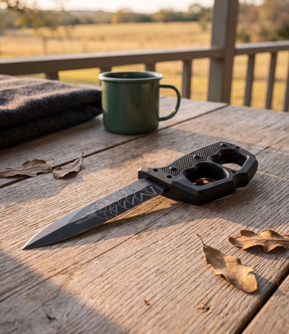 The Alex Jones Store - Molon Labe Trench War Dagger lying on a weathered oak porch table at golden hour