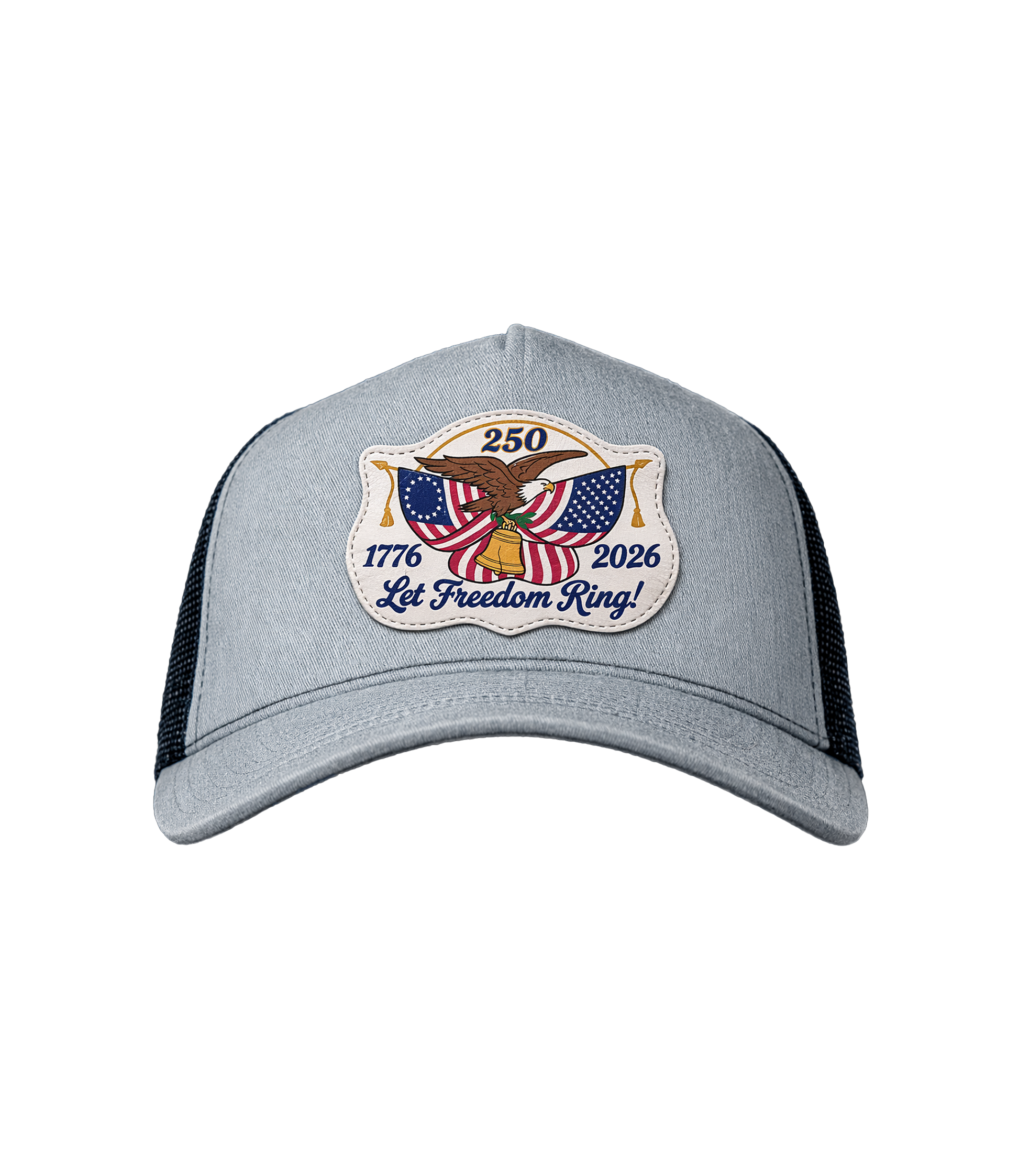 The Alex Jones Store - Gray heather America 250 'Let Freedom Ring' trucker hat with embroidered eagle, flag and Liberty Bell patch