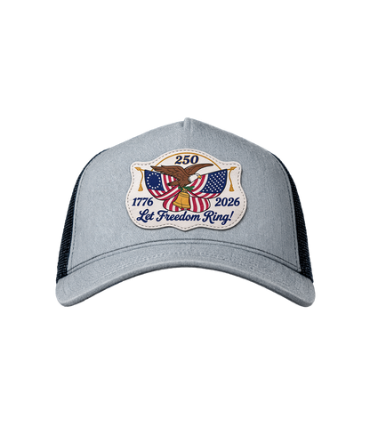 The Alex Jones Store - Gray heather America 250 'Let Freedom Ring' trucker hat with embroidered eagle, flag and Liberty Bell patch